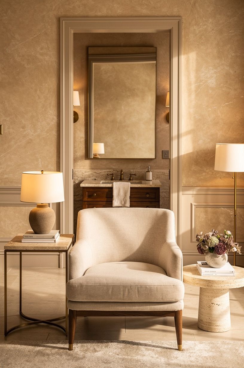 Use modern travertine over faux marble accents