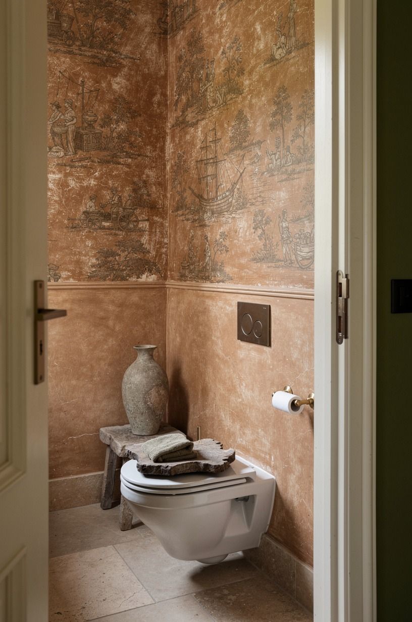 Use moody toile for a powder room with history