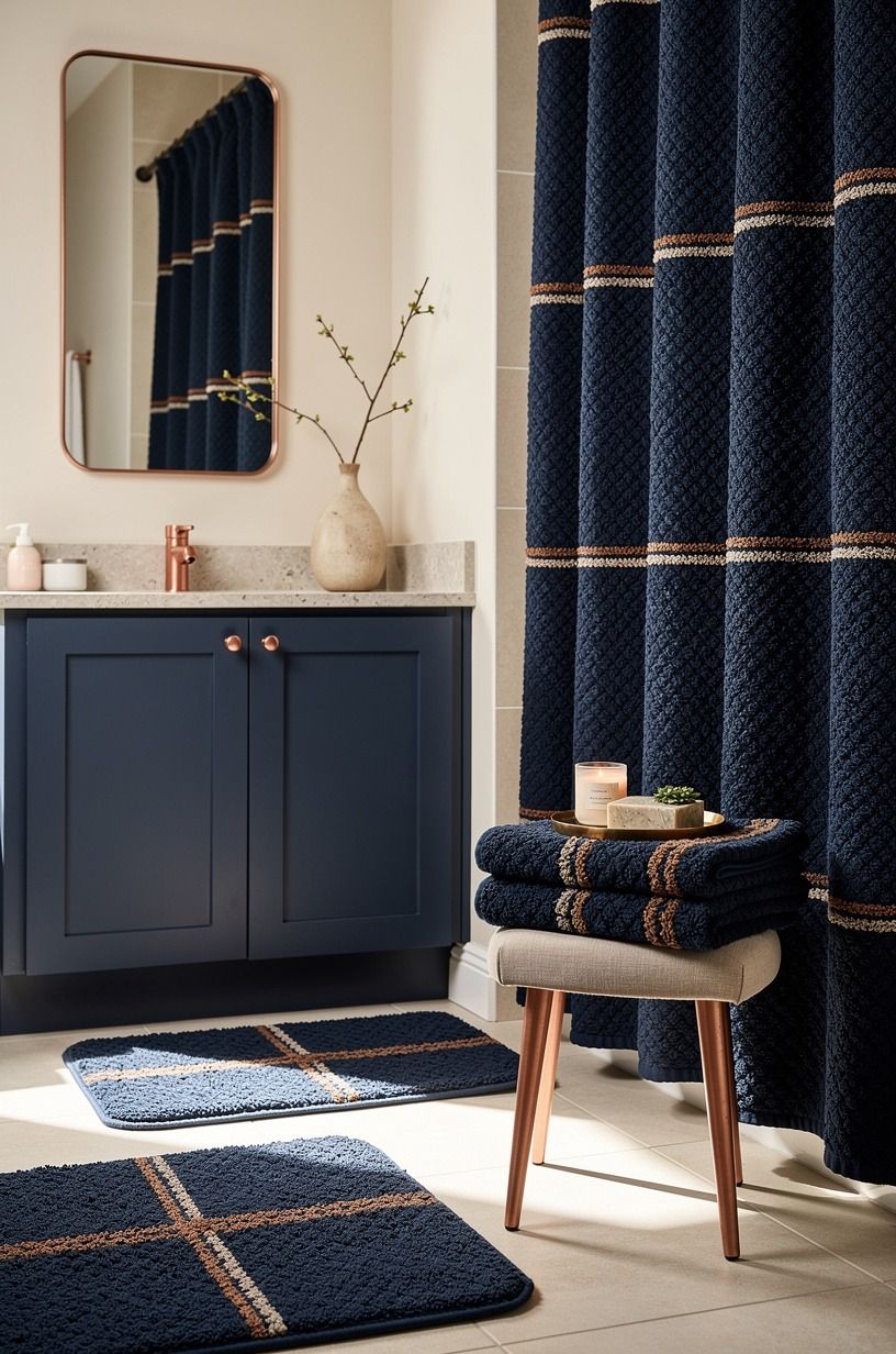 Use navy blue bathroom inspiration to edit your textiles