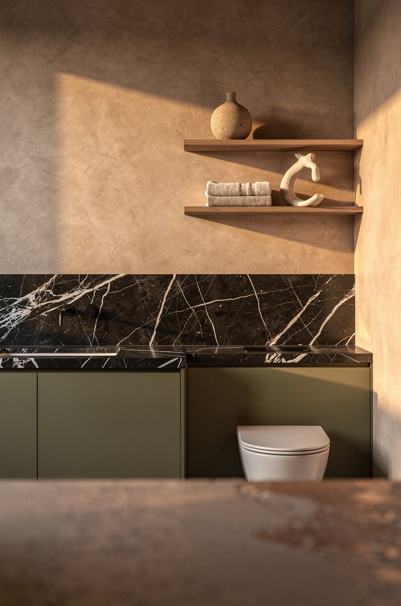 Use open shelves sparingly above the toilet