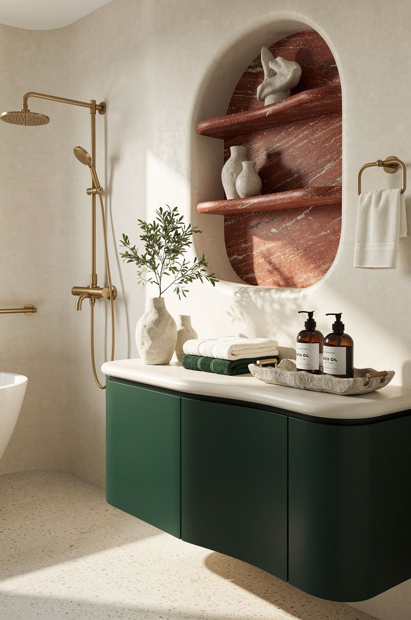 Use red travertine peel-and-stick behind open shelves