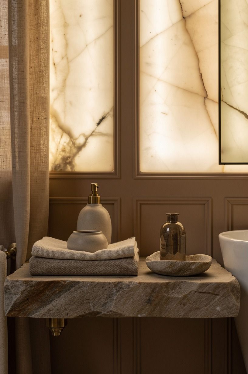 Use stone over metal for an open wet-room shelf