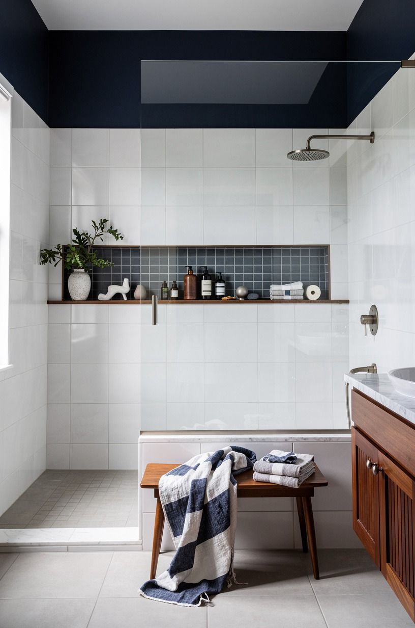 Use The Bottle Horizon Rule for a walk in shower with niche