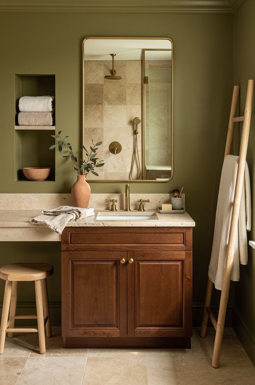 Use the Two-Wood Rule for a warm green bathroom