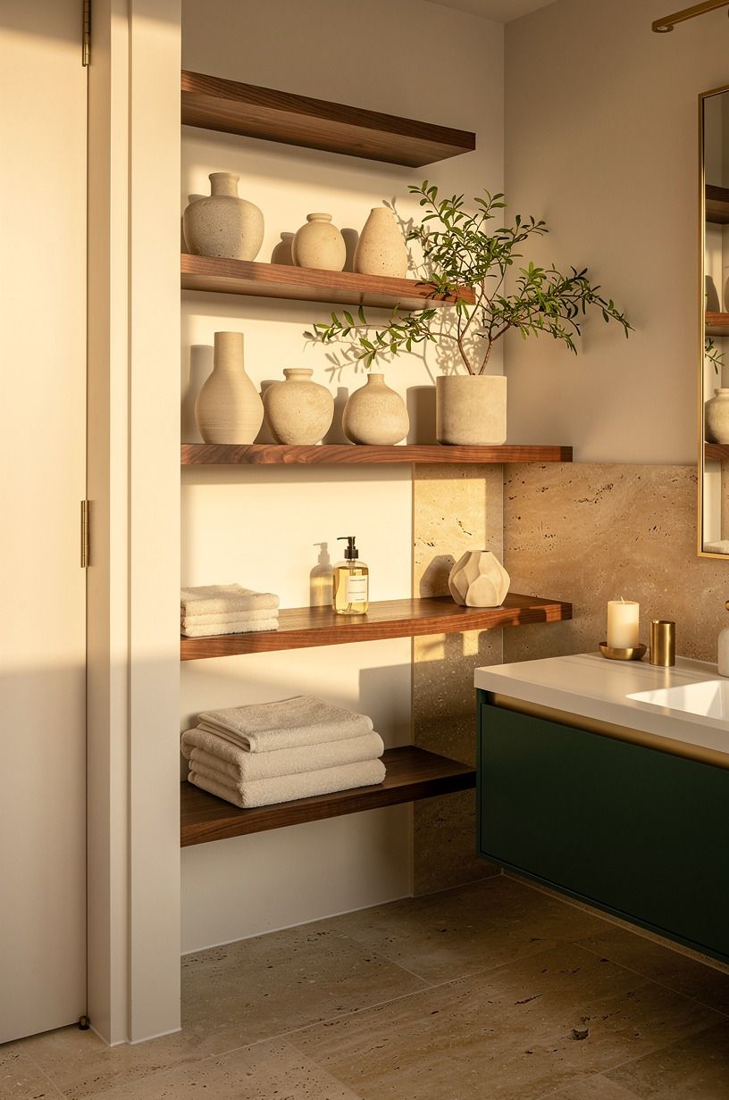 Use The Two-Wood Rule for teak bathroom shelves