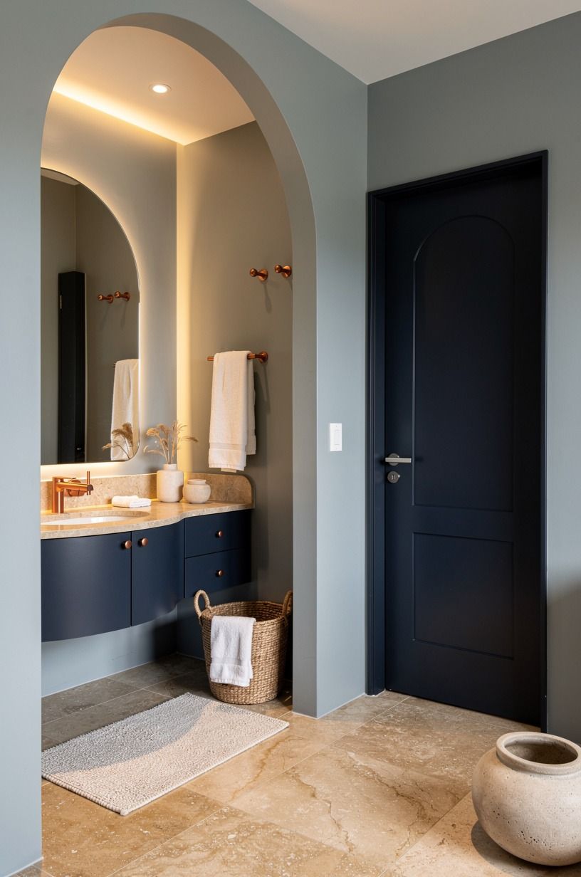 What makes a light blue grey bathroom paint feel warm?