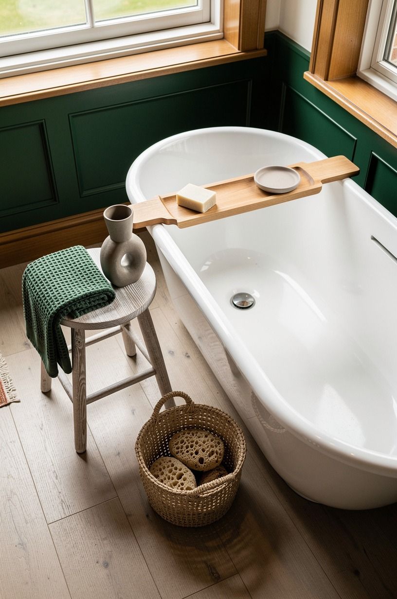What should sit beside a tub by a window?
