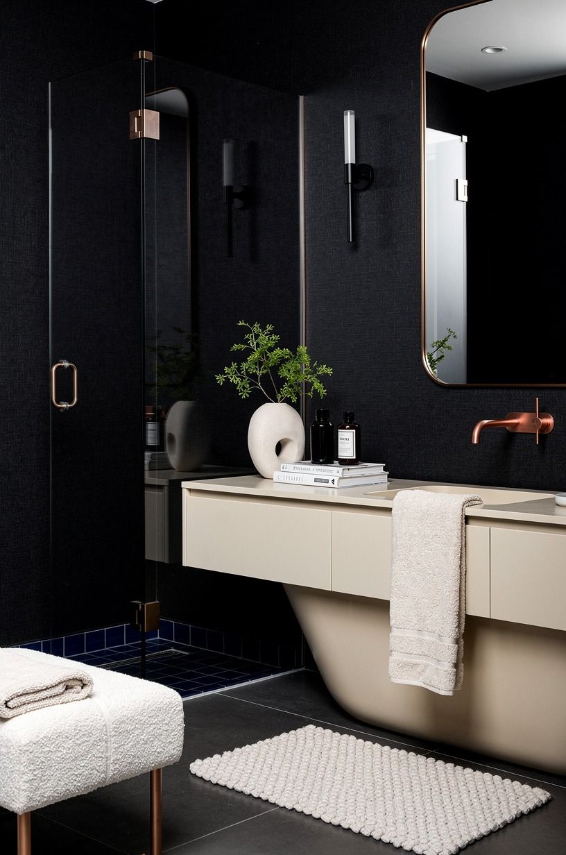 Wrap every wall in black wallpaper bathroom ideas