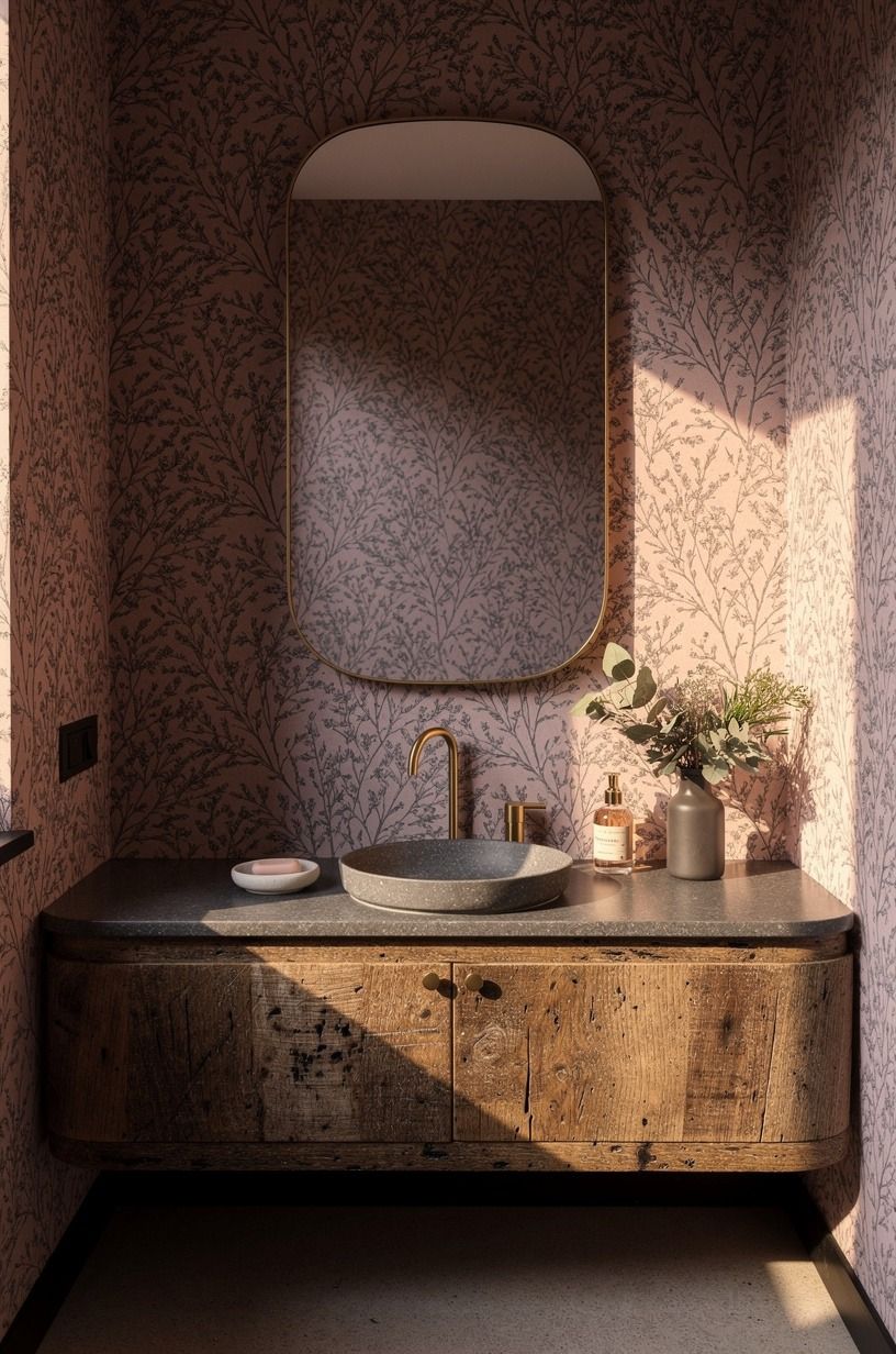 Wrap the Room in One Quiet Botanical (powder bathroom with wallpaper)
