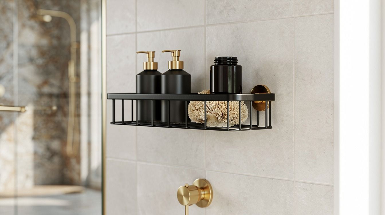 I Added a Brass, Gold & Black Metal Shower Shelf, Hardware Made It Feel Richer