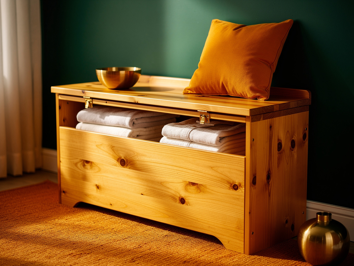 close-up detail photo of a solid pine lift-top storage bench with lid slightly o