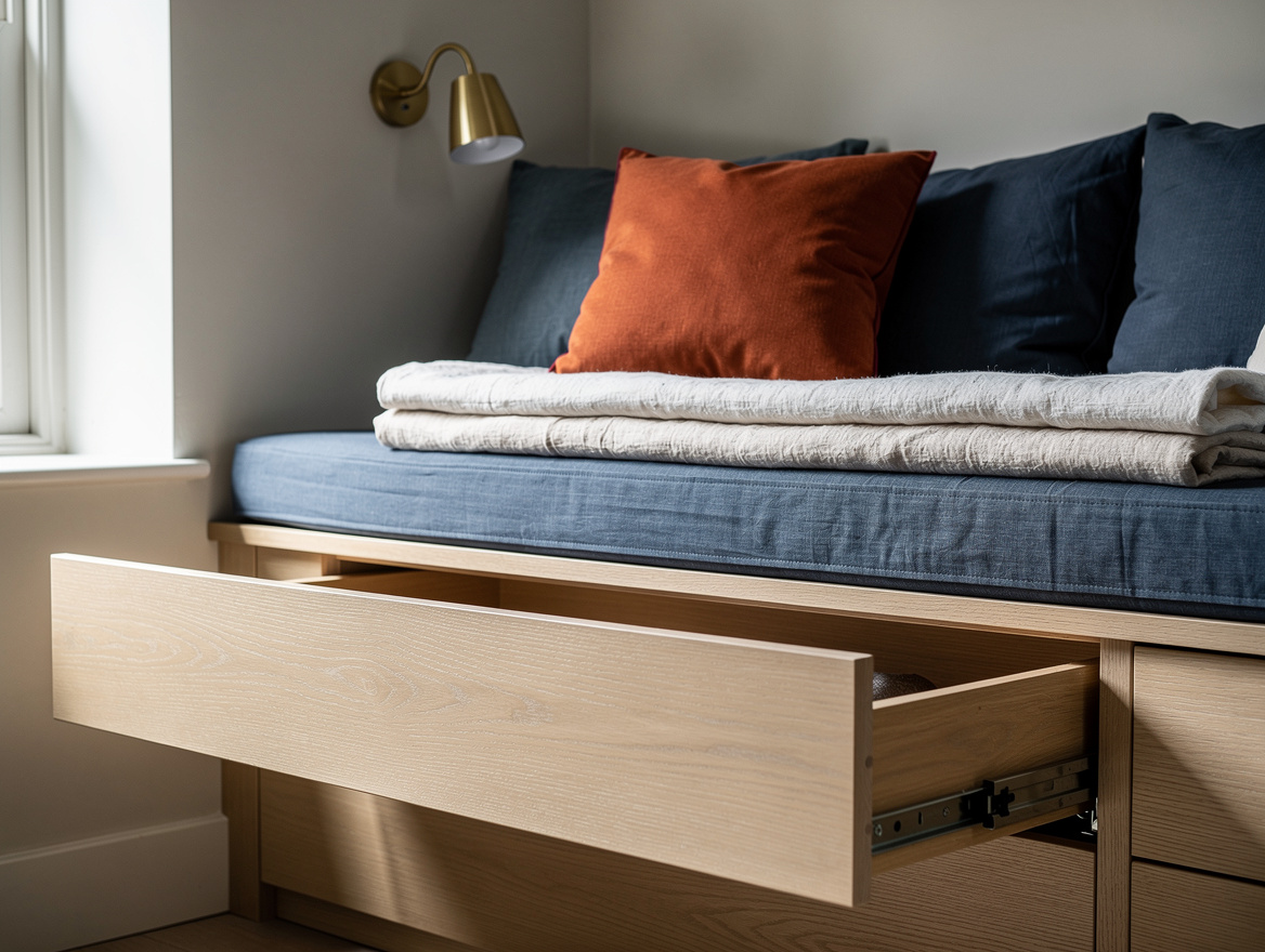 Close detail photo of a window seat bed storage drawer in pale oak, folded linen