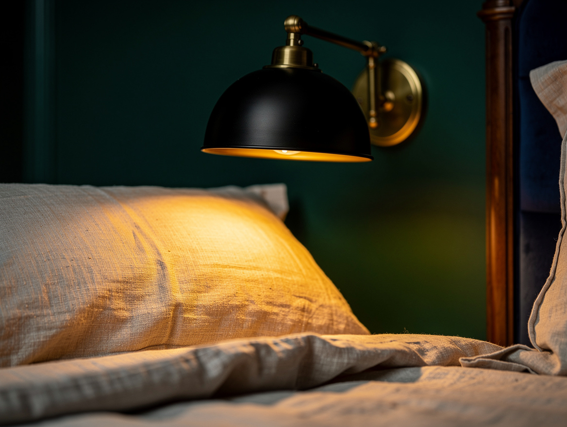Close detail photo of a matte black bedside wall lamp casting warm light onto oa