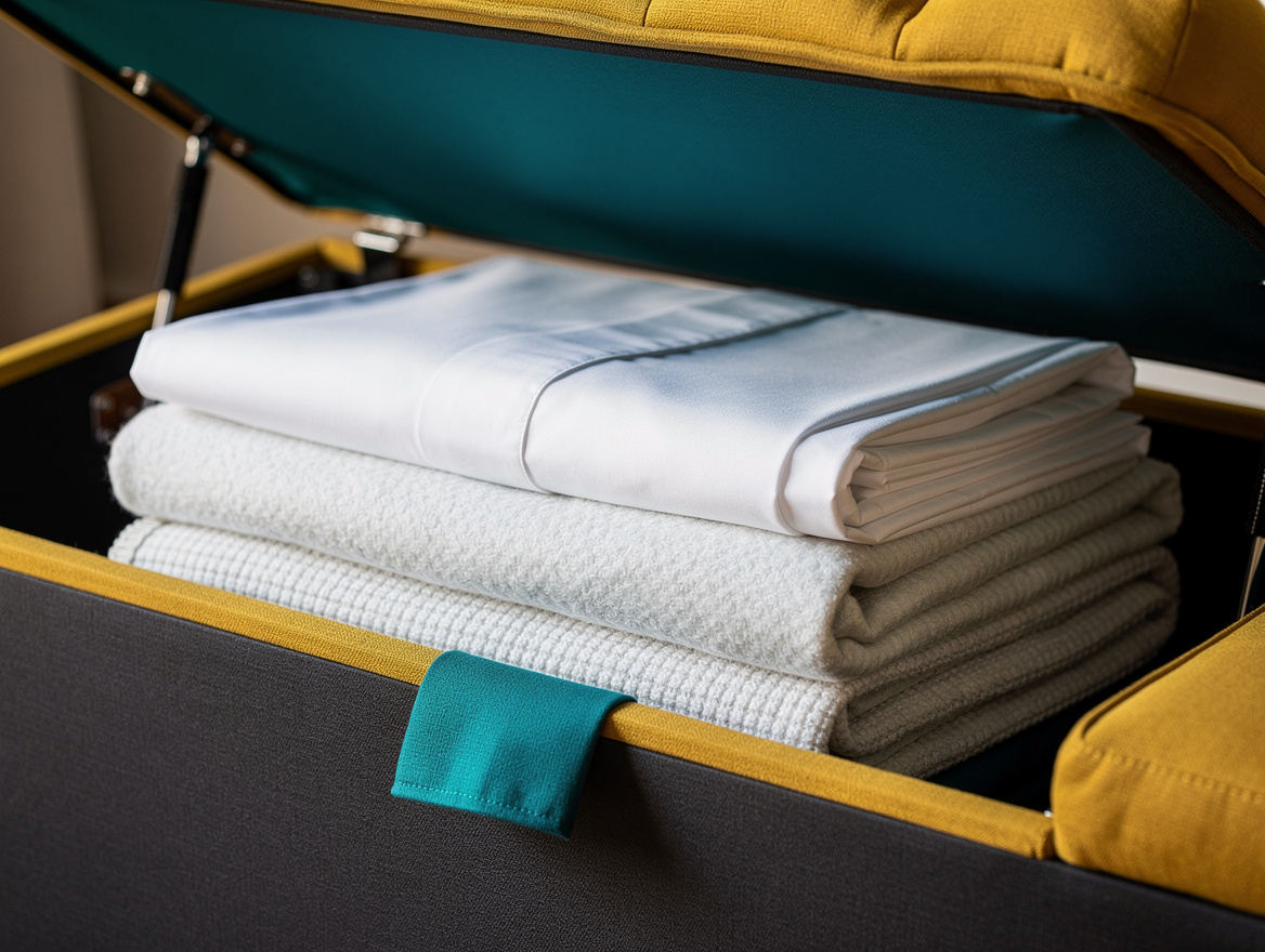 Close detail photo of a hinged upholstered storage bench interior with neatly fo