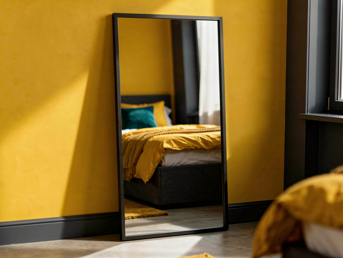 Close detail photo of a thin black-framed full-length mirror reflecting soft win