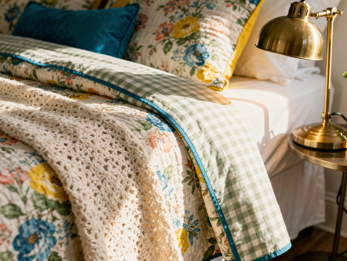 Close detail photo of sage woven cotton gingham bedding layered with a faded flo