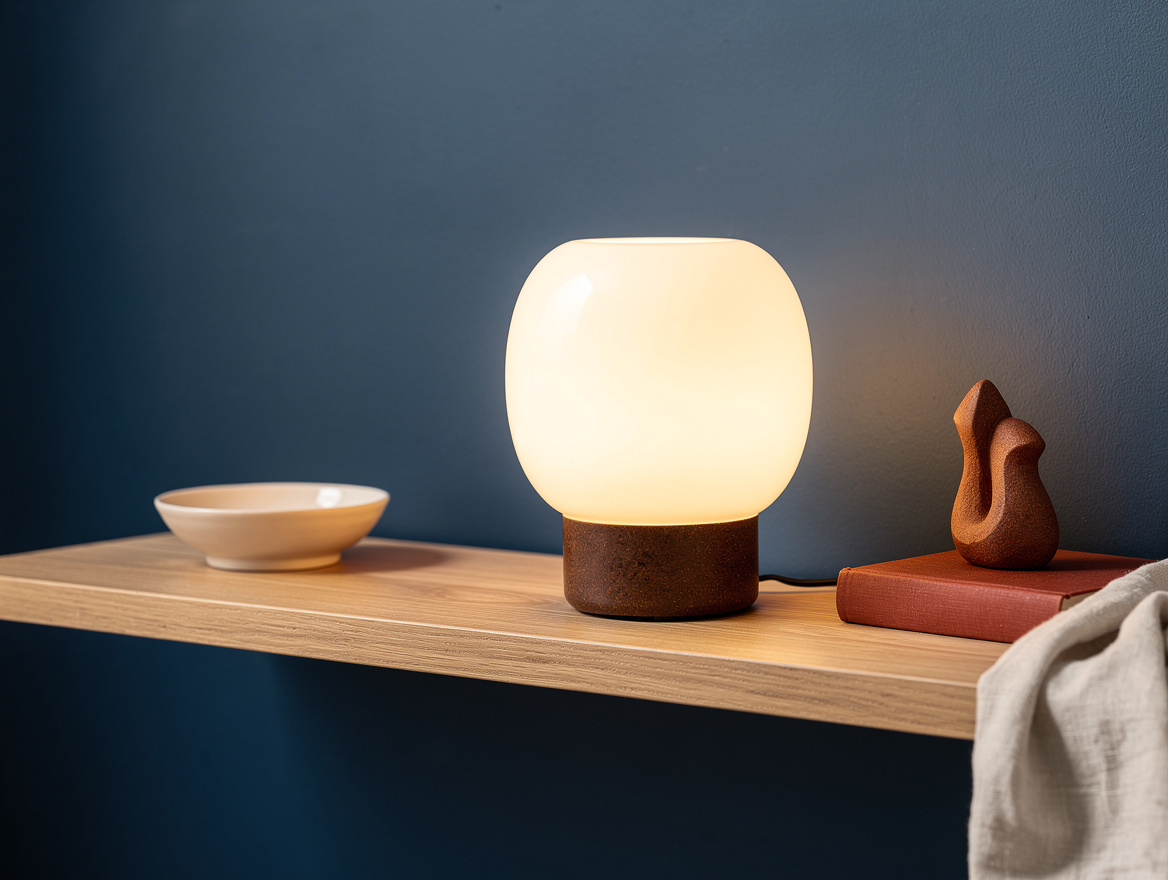 Close detail photograph of a warm dimmable rechargeable bedside lamp with an opa