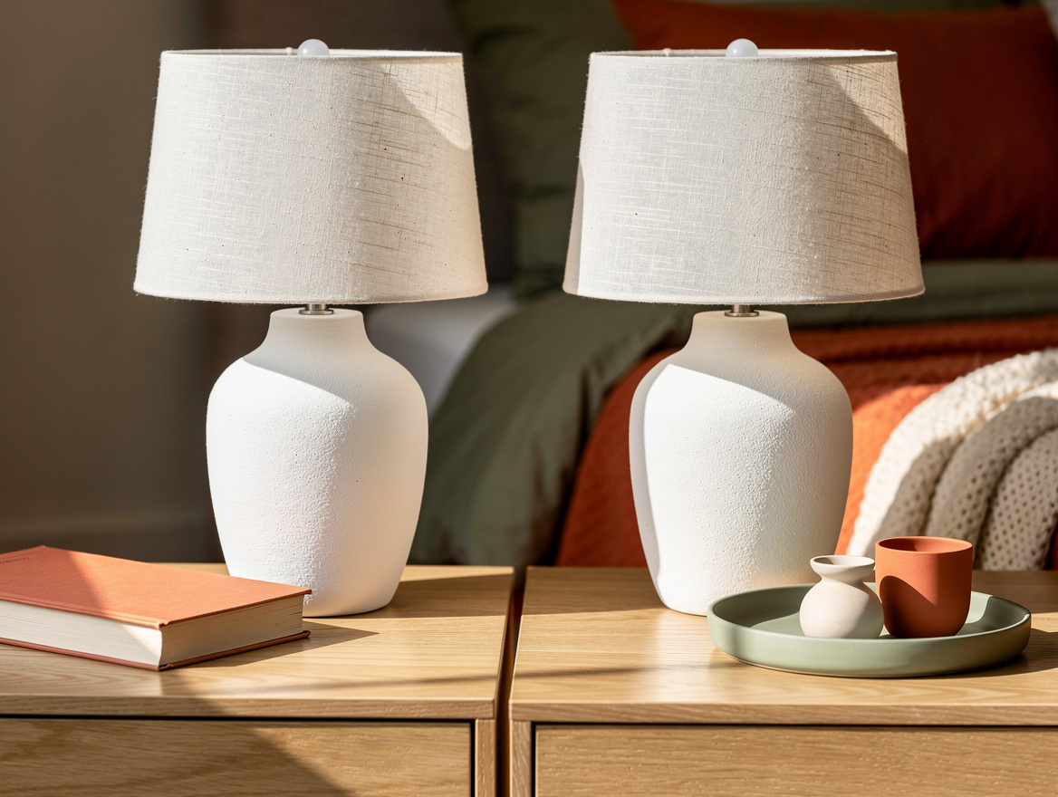 Close detail photograph of matching chalk-white ceramic bedside lamps with unble