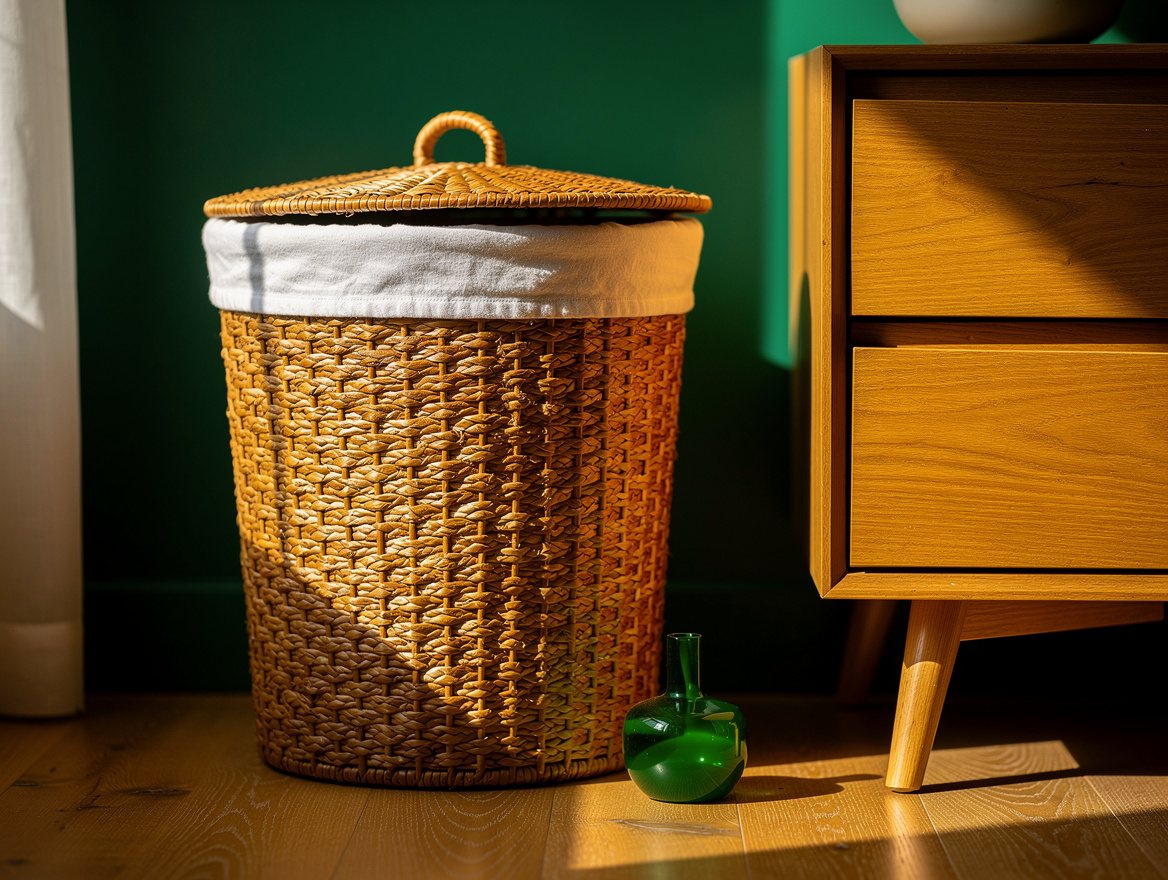 Close detail photo of a lidded woven rattan bedroom laundry hamper with a cotton