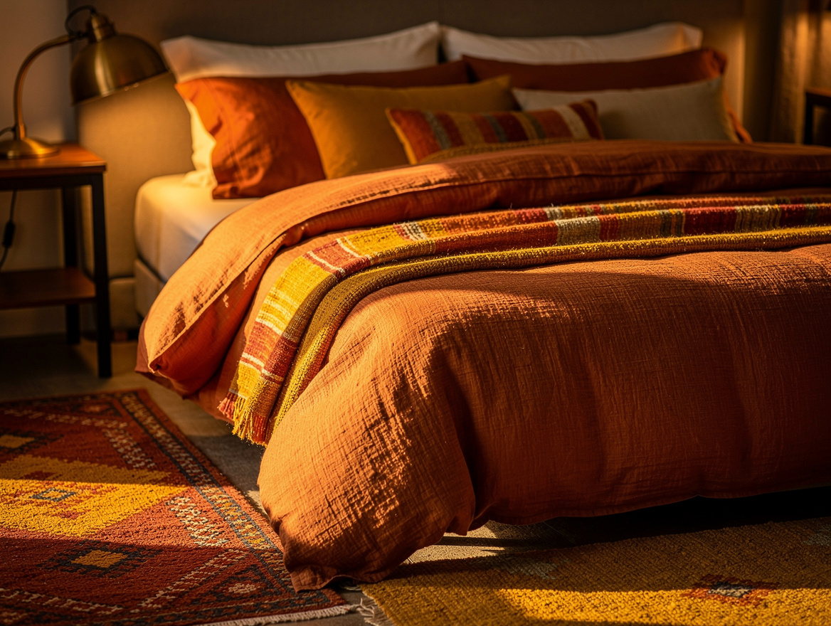 Editorial close detail of rust flax linen duvet folded over camel and ivory pill