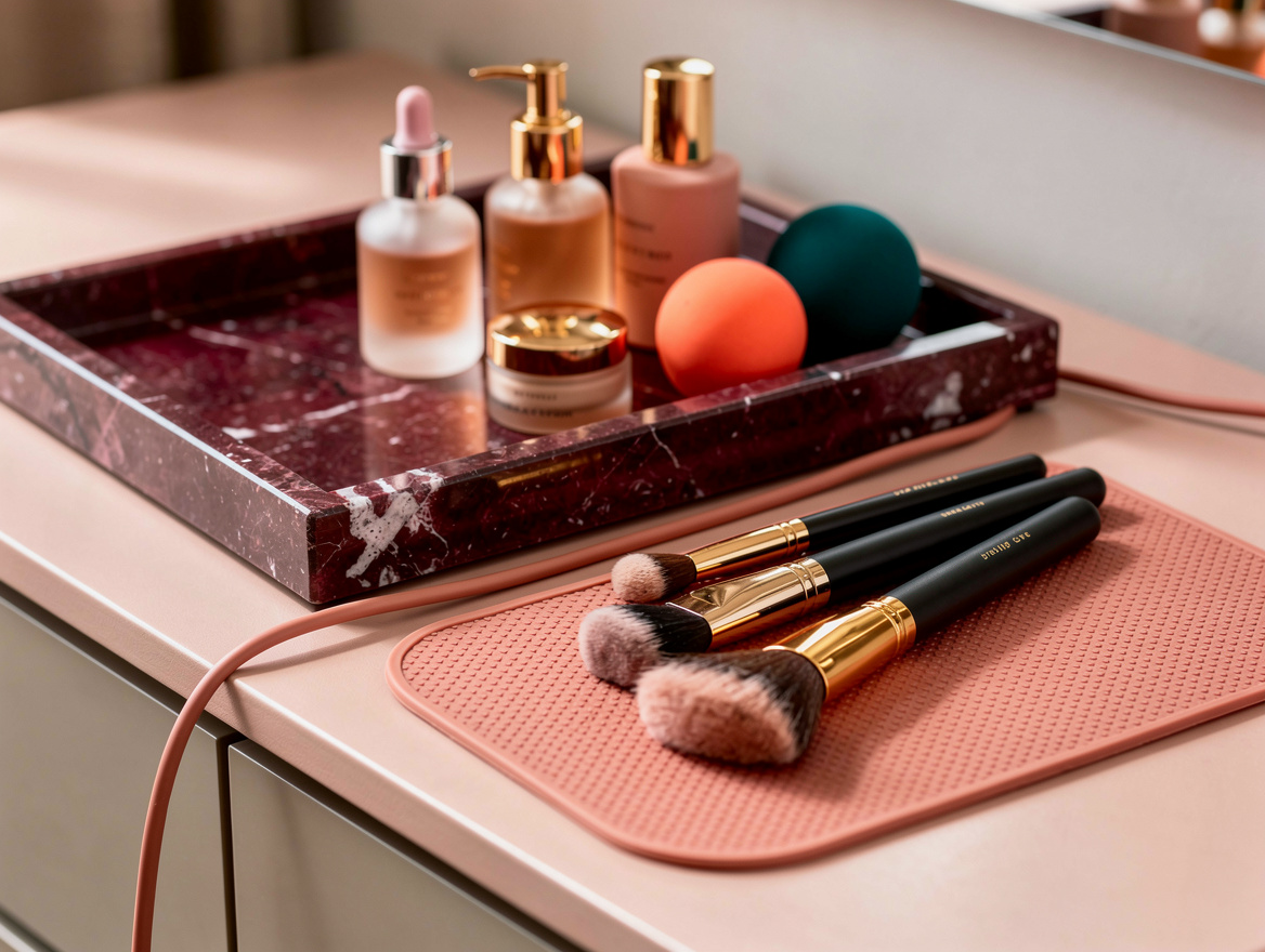 Close detail photo of a vanity dresser top with a stone tray, makeup brushes, sm