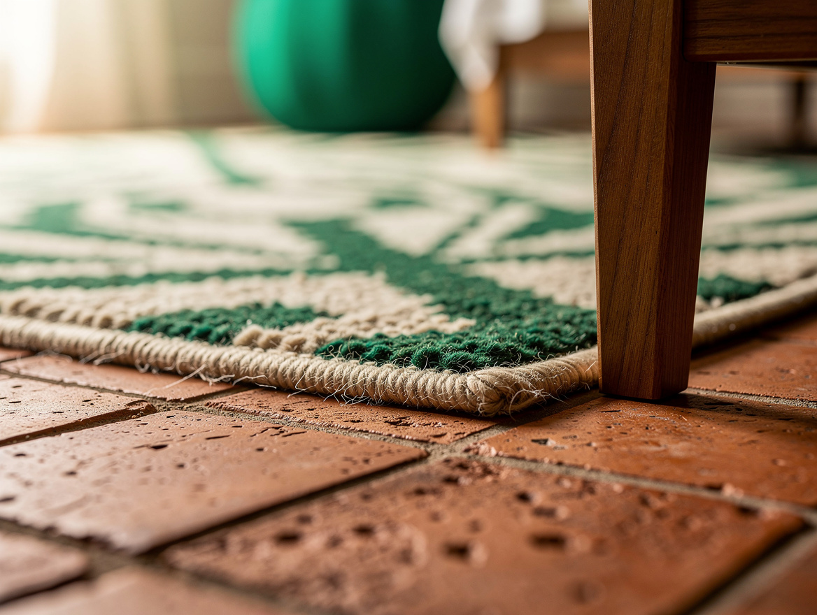 Close detail of hand-pressed terracotta bedroom tile beside a wool rug and walnu
