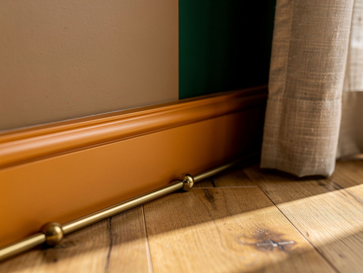 Close detail photo of matching eggshell-painted baseboard and matte wall in warm
