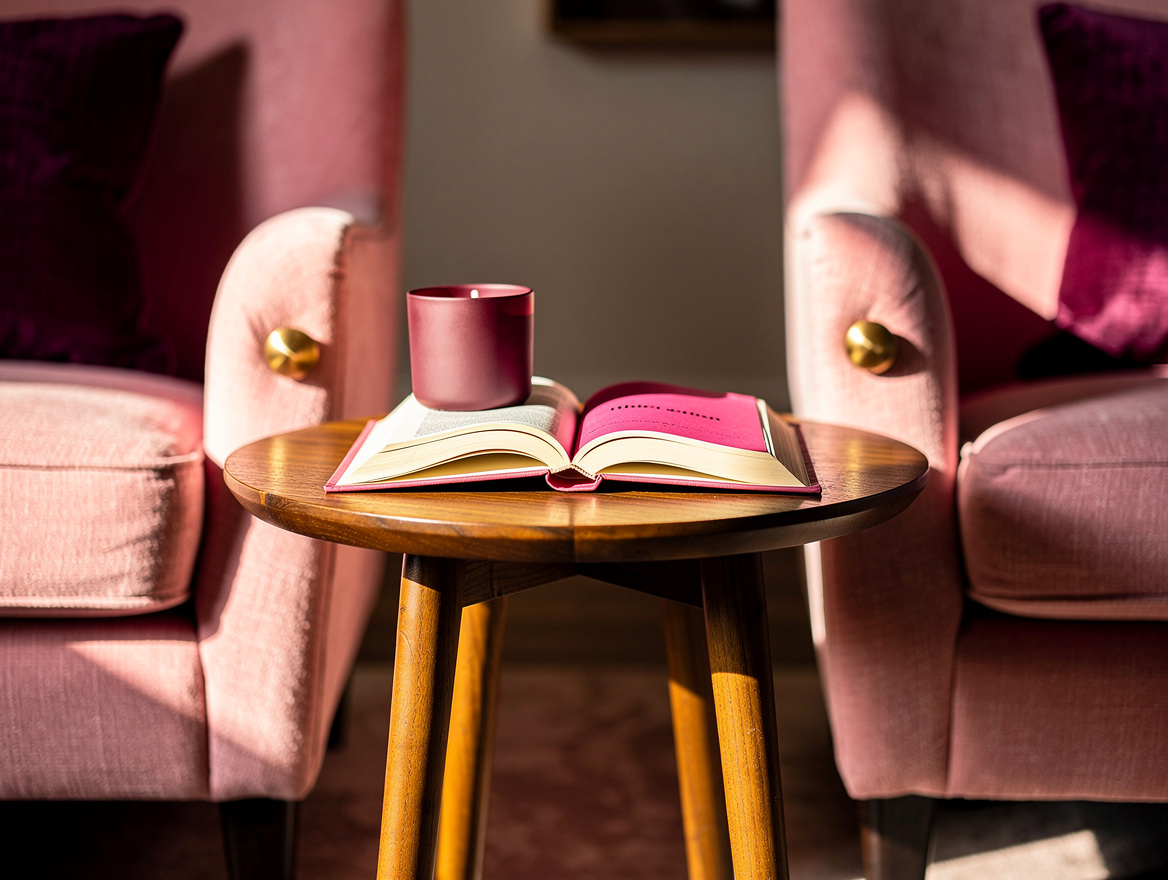 Editorial detail photo of a small round walnut side table between upholstered be