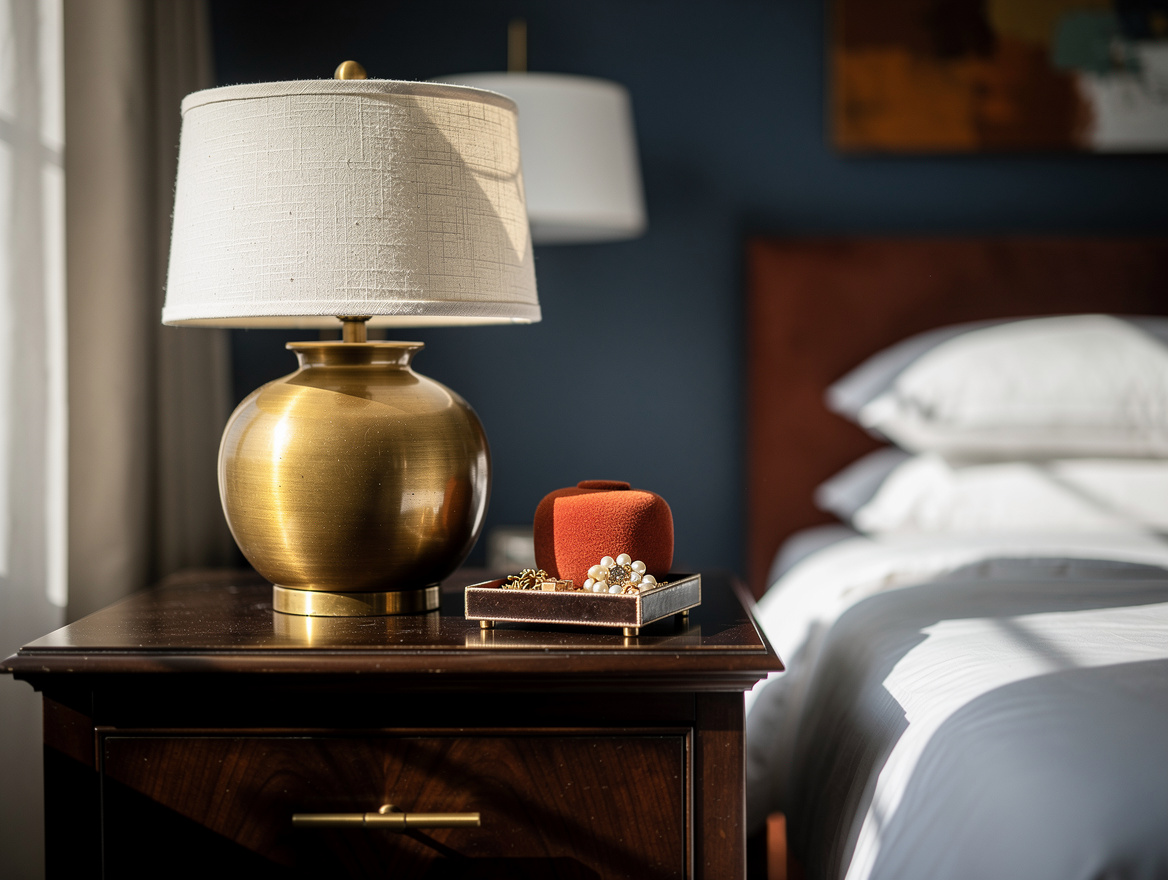 Editorial close-up of an aged brass table lamp with warm off-white linen shade o