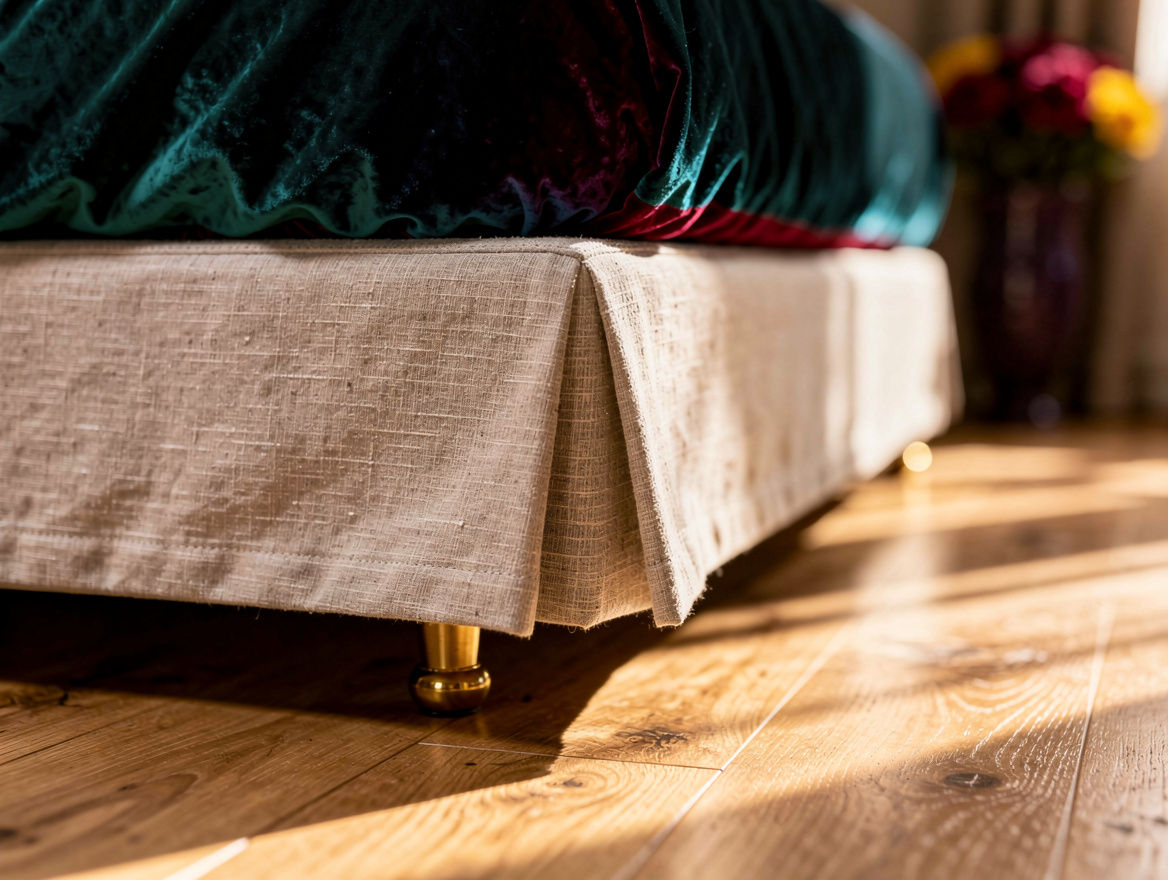 Close detail photograph of a washed flax linen tailored bed skirt hem hovering s