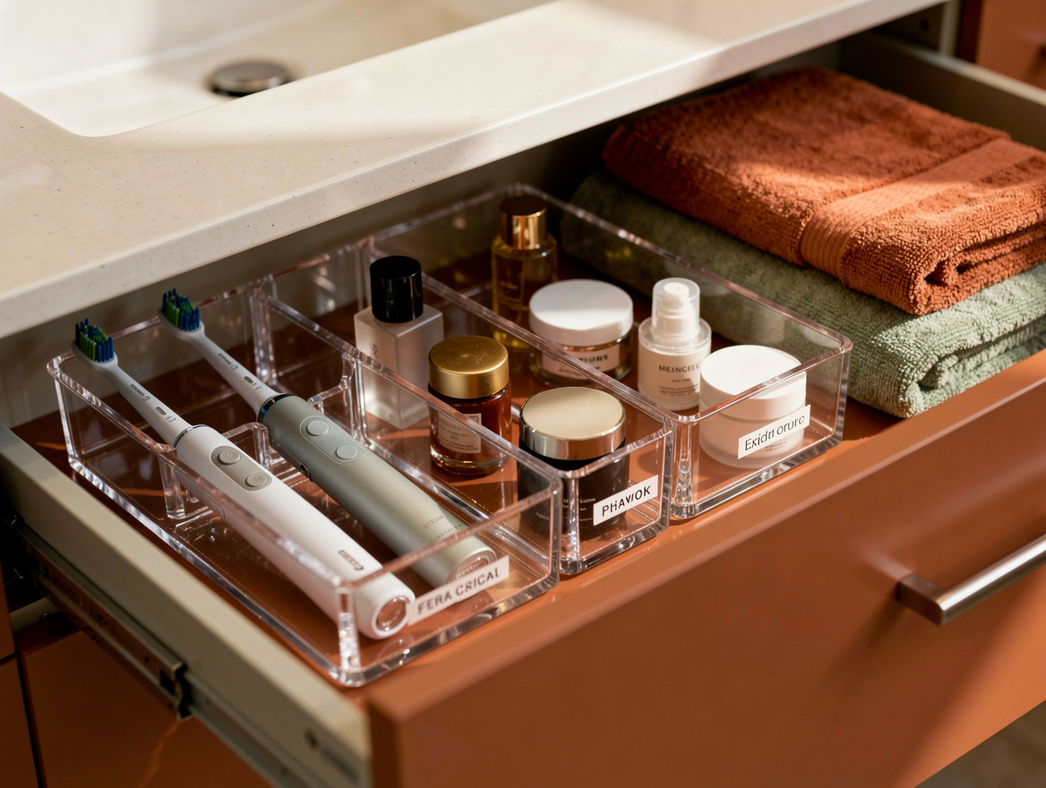 Close detail photo of labeled acrylic drawer organizers inside a double bathroom