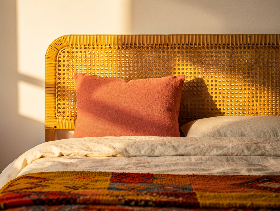 Close detail photograph of a natural rattan headboard against a warm white wall,