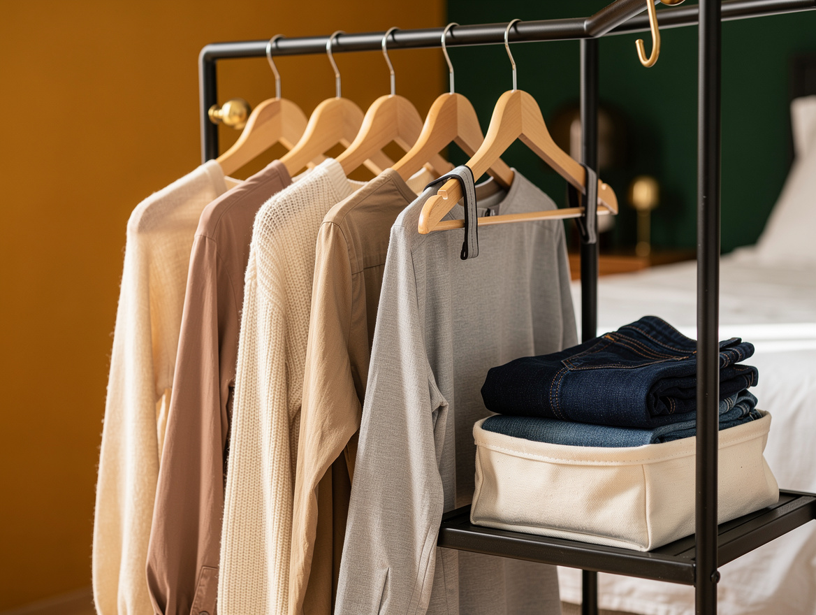 Close detail photograph of matching wood hangers and neutral clothing on a black