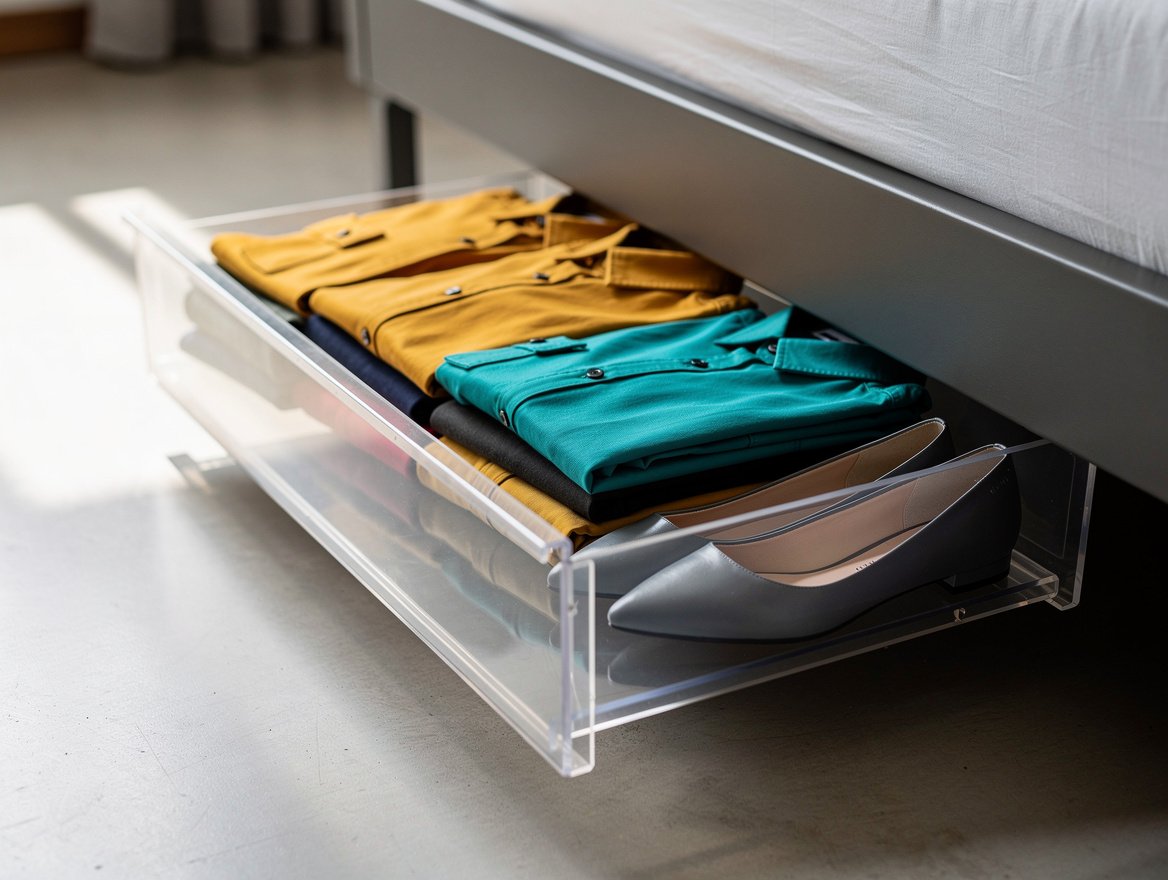 Close detail photo of clear shallow plastic underbed drawer filled with neatly f