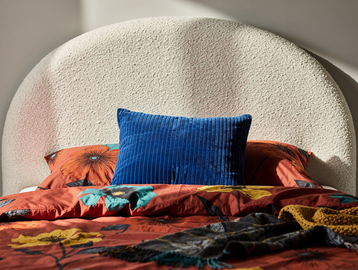 Editorial close-up of a cream boucle curved headboard with a cobalt striped pill