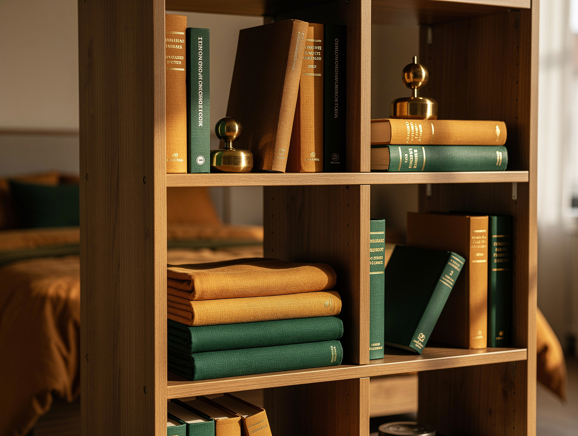 Close detail photo of a tall cube shelving divider in an adult shared bedroom, f