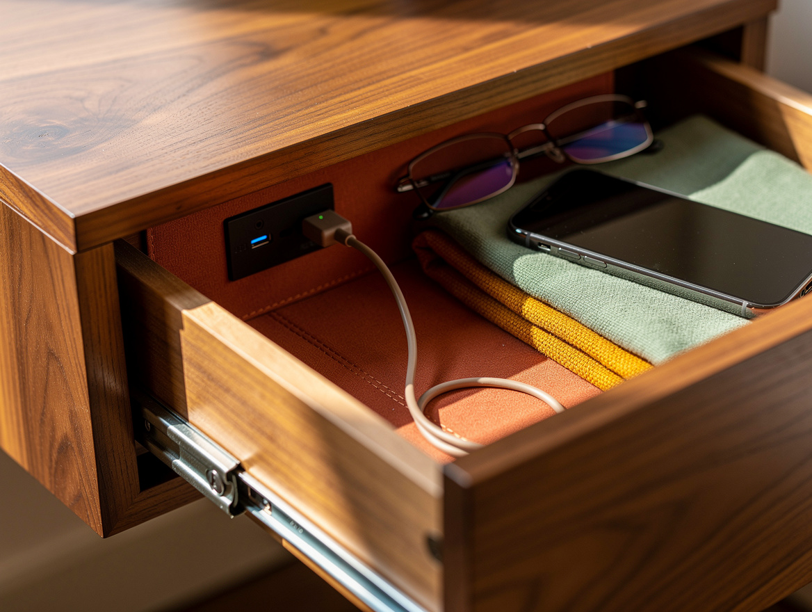 Close detail photograph of a walnut guest room nightstand drawer with neatly rou
