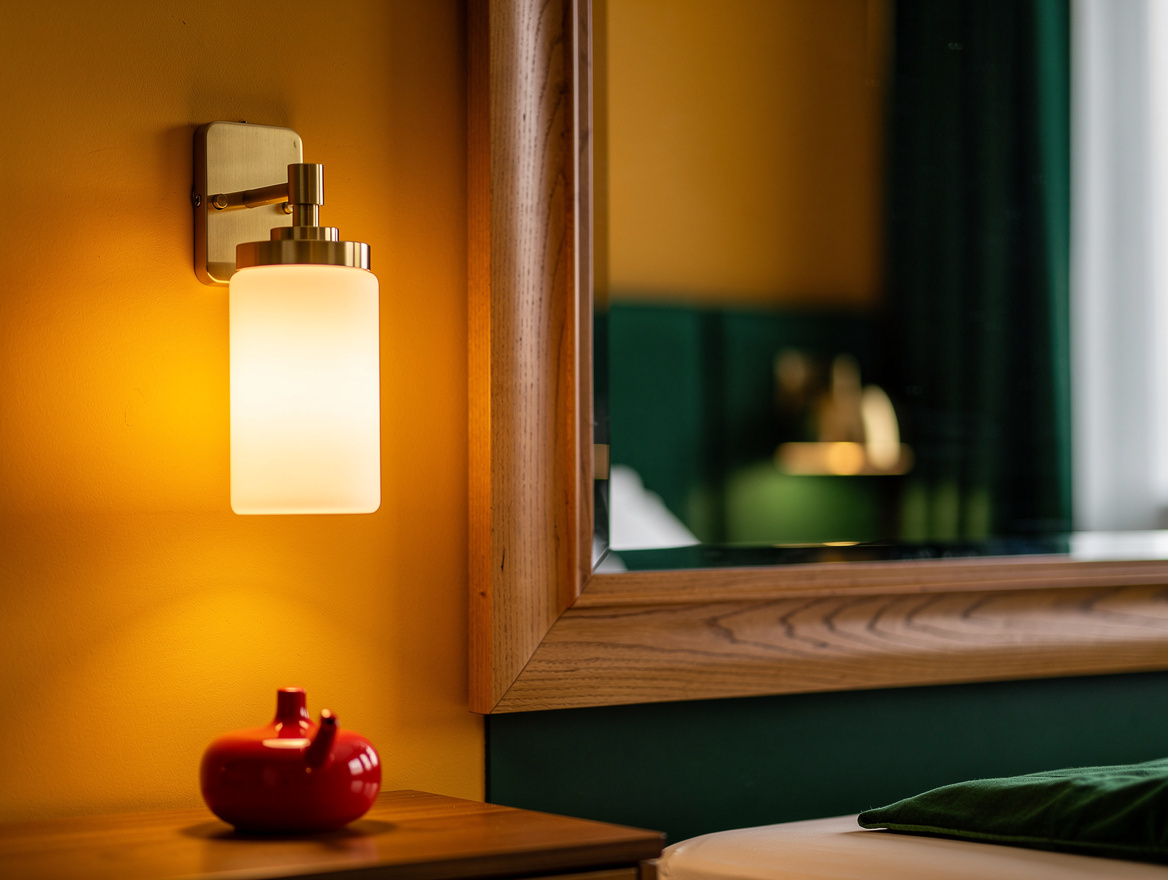 Close detail photo of a warm brass vertical vanity sconce with opal glass beside