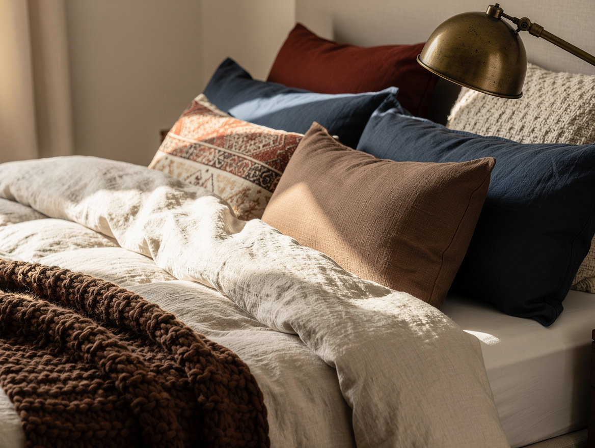 Close detail photo of warm ivory washed linen bedding, cocoa knit throw, clay ta