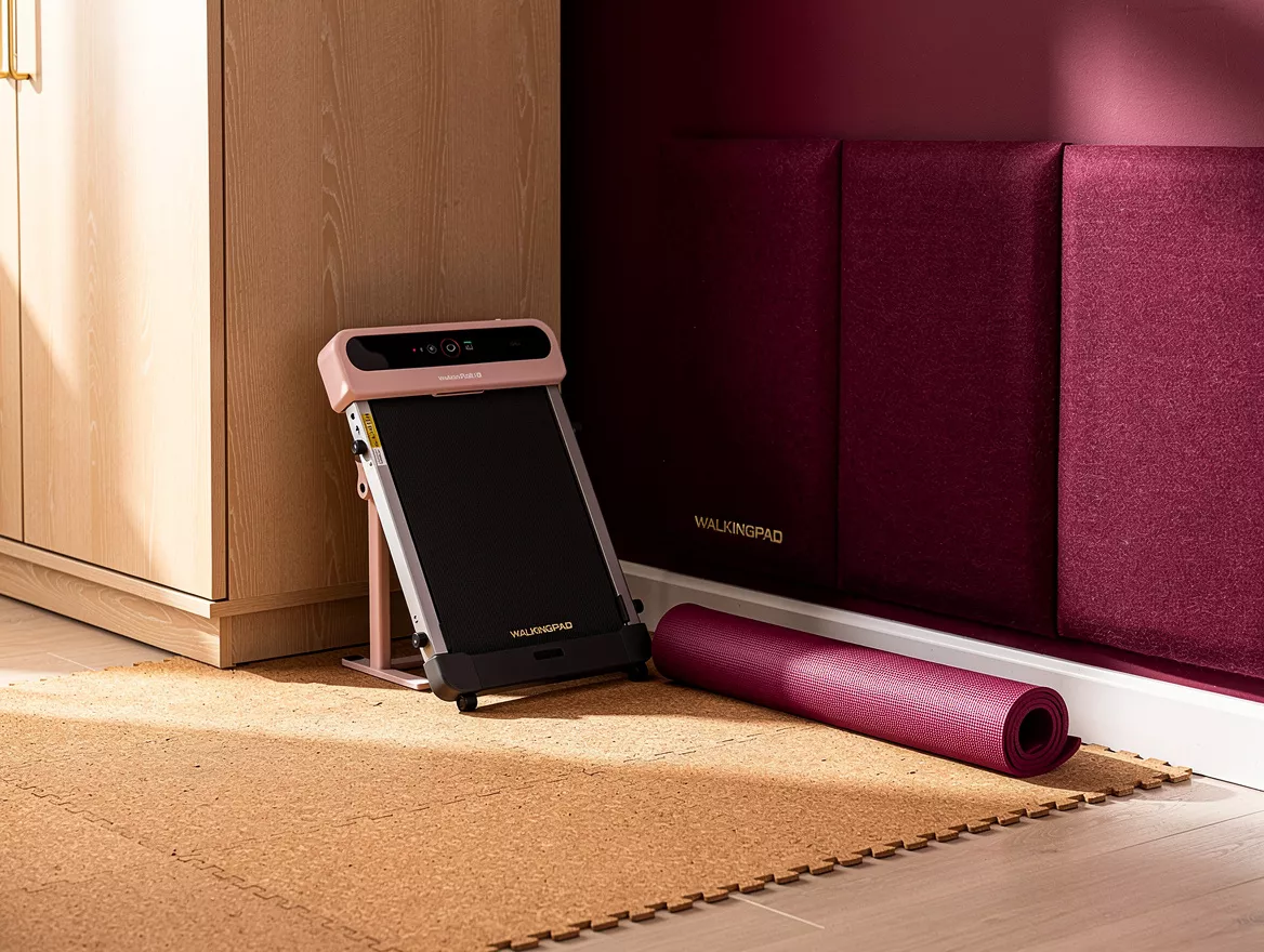 Editorial detail photograph of a folded WalkingPad beside a light wood wardrobe,
