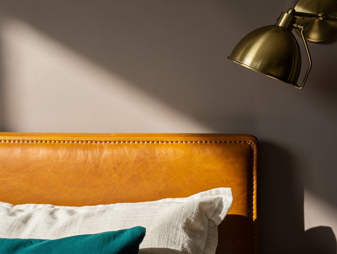 Close detail photo of caramel leather headboard against a warm greige wall, ivor