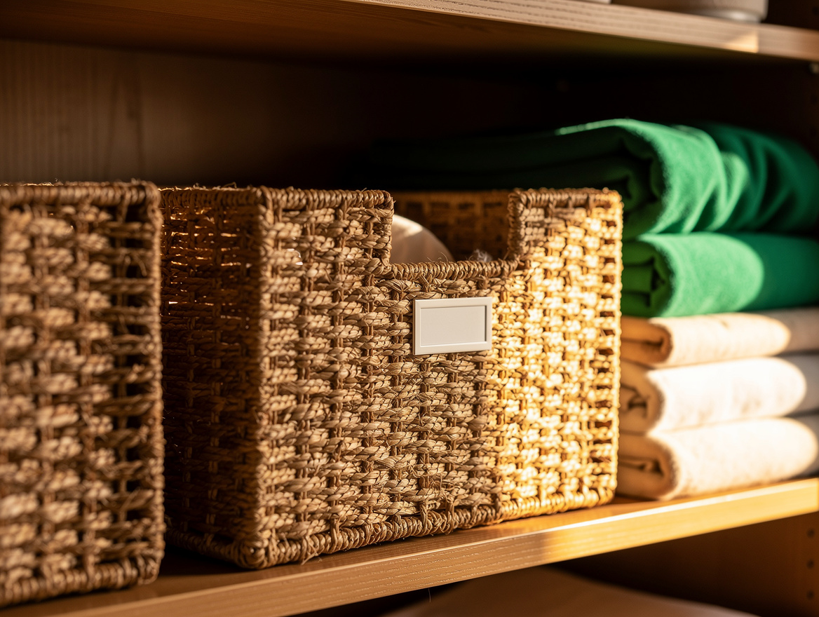 Close detail of matching woven baskets on an open bedroom shelf, small centered