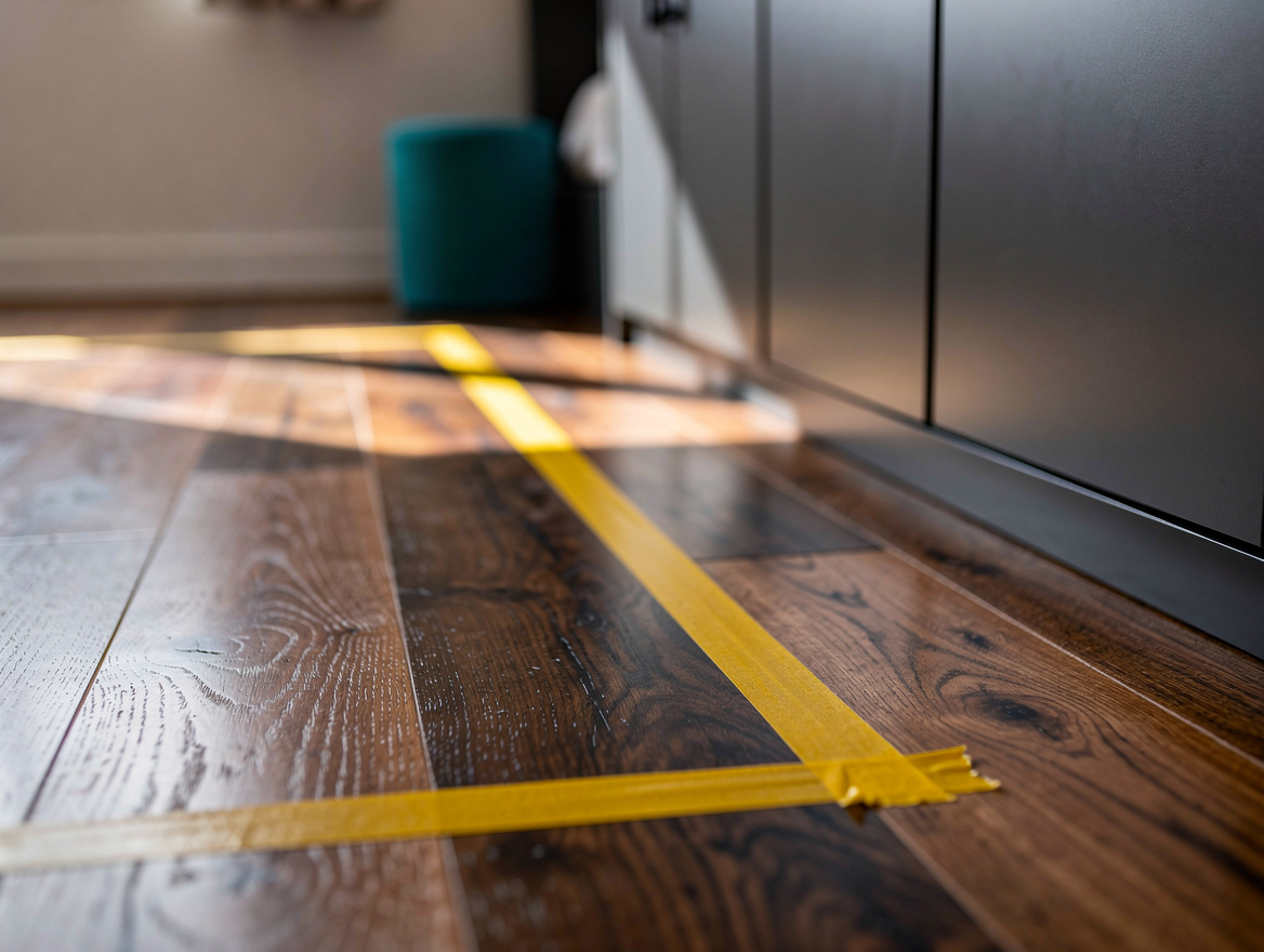 Close detail photo of painter's tape outlining a queen bed frame on a hardwood b