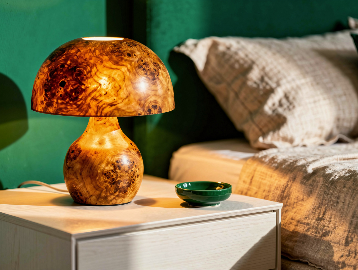 Editorial close detail of a sculptural burl wood bedside lamp on a simple white