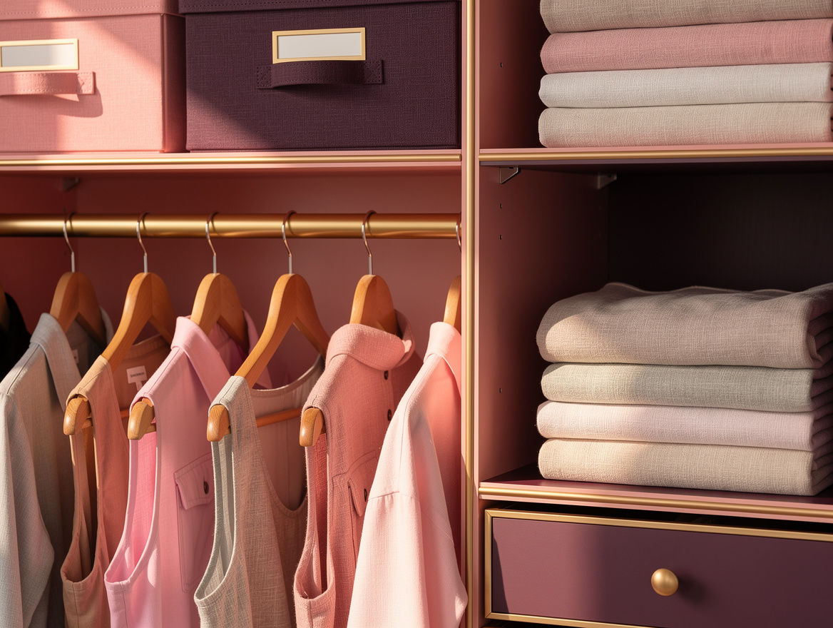 Close detail photo of a neatly divided reach-in closet with labeled fabric bins,