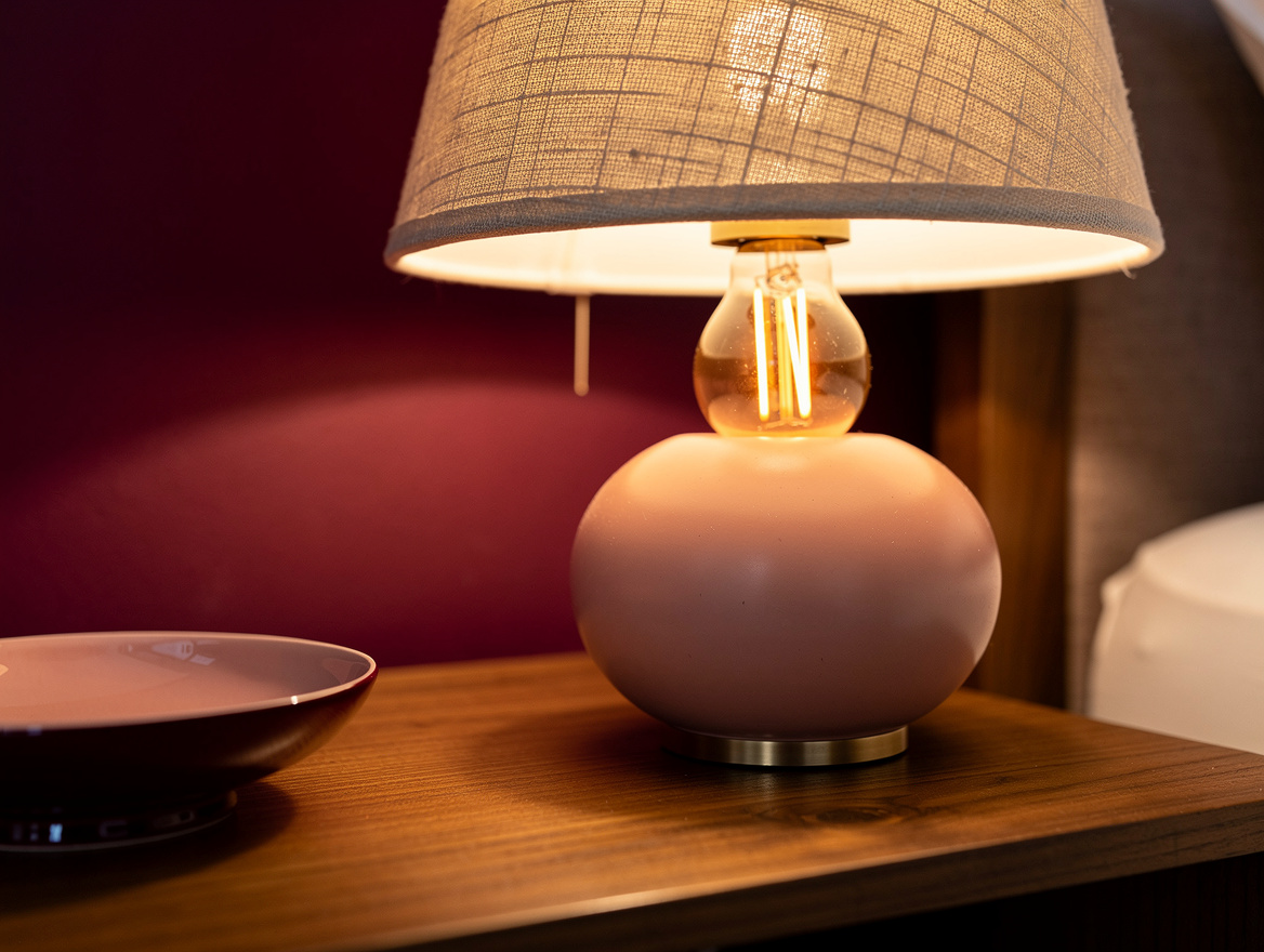 Close detail photograph of a warm glowing smart bulb inside a textured linen bed