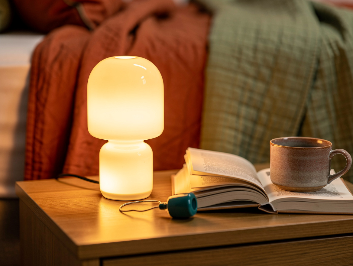 Editorial detail photo of an opal glass bedside lamp casting warm light over an
