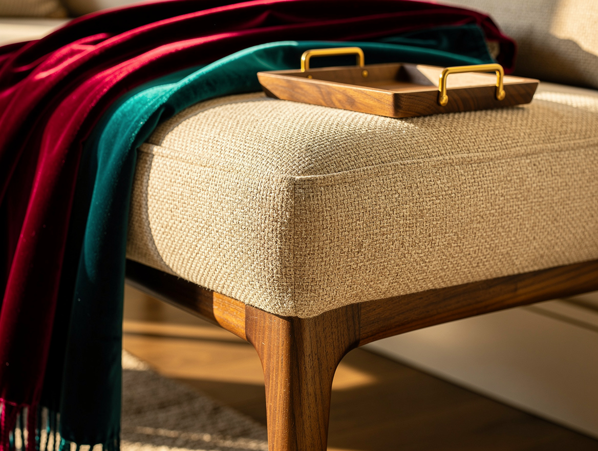 Close detail photograph of oatmeal linen upholstery, rounded bench corner, walnu