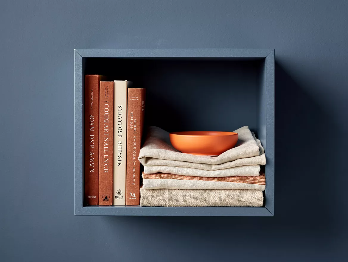 Close detail photo of a shallow wall-mounted cube shelf holding paperbacks, a fo