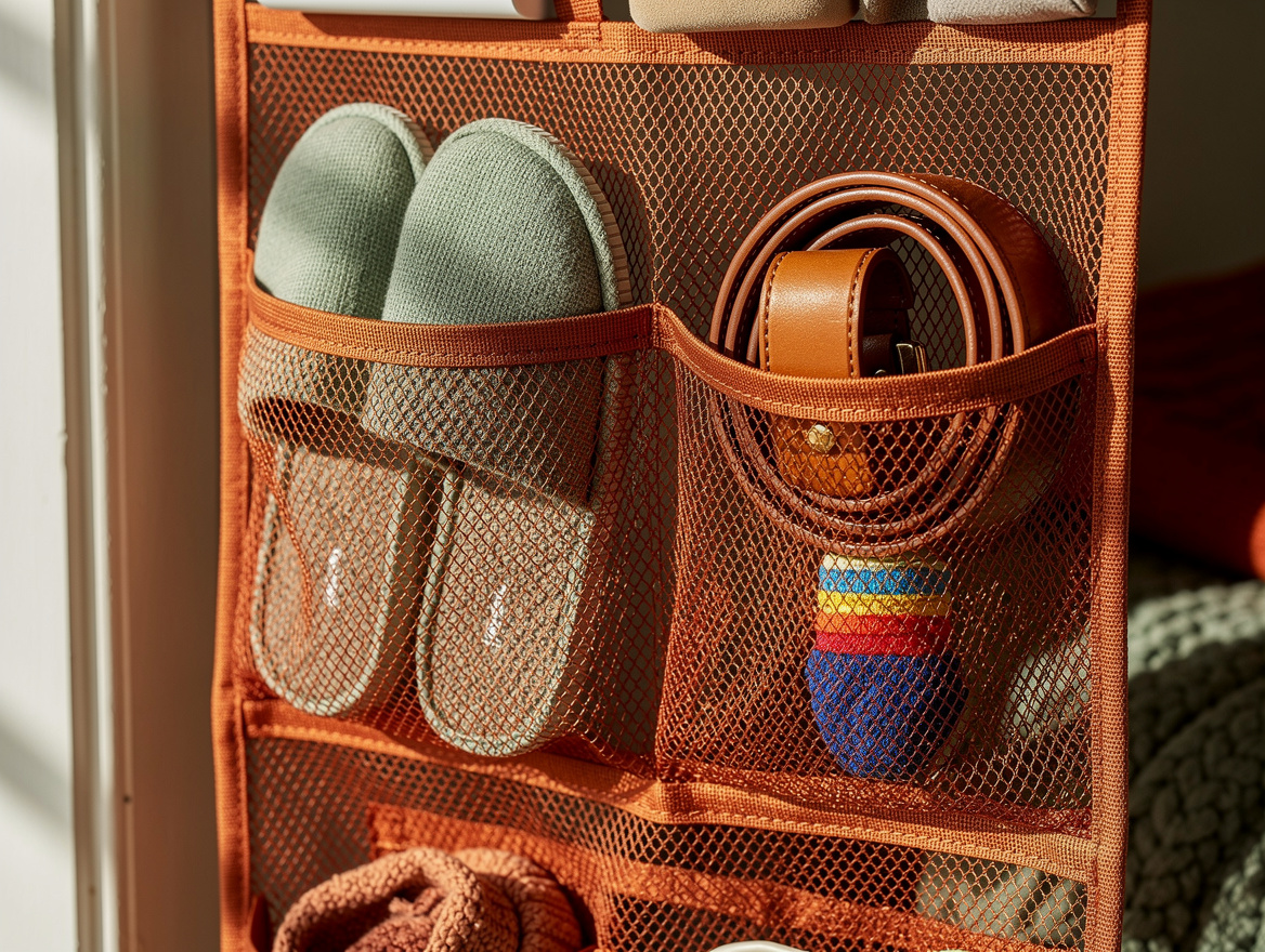 Close detail photograph of breathable mesh over-door organizer pockets holding s